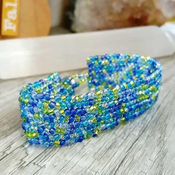 Boho Chic Beaded Bracelet, Green & Blue Seed Bead Jewelry, Herringbone 6" - Picture 7 of 7